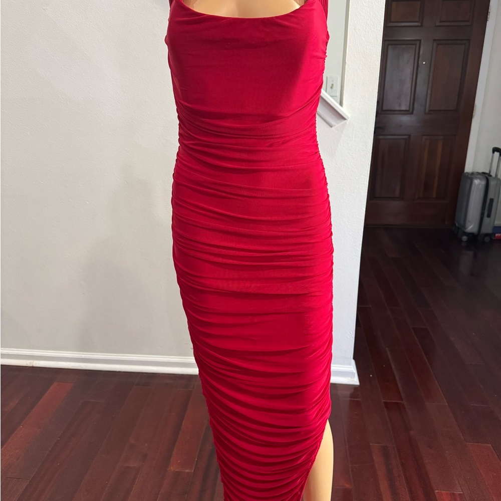 BabyBoo Figure-Flattering Red Ruched Midi Dress Size M